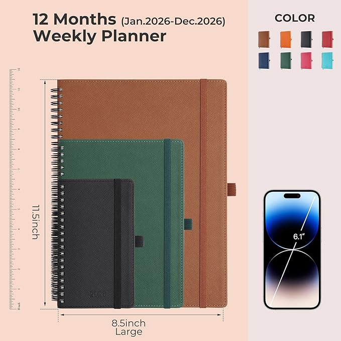 Planner 2026 Daily Weekly and Monthly,11.5"x8.5",12 Months Spiral Bound Calendar Agenda with Self-adhesive Pen Holder,2026 Appointment Book with Vegan Leather Soft Cover,Brown