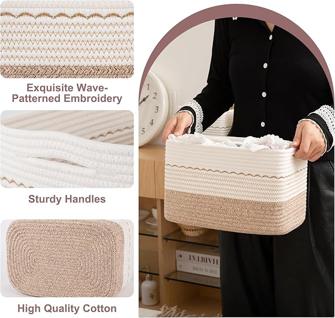 4 Pack Storage Baskets for Organizing, 13"X9"X7.87", Decorative Cotton Rope Baskets with Wave-Patterned Embroidery for Shelves, Small Woven Basket for Toys, Books and Towels, Brown & White