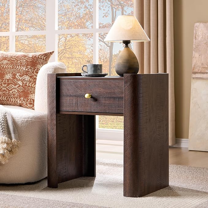 23.6" Tall Modern Nightstand Set of 2, 22" Wide Curved Bedside Table with Charging Station, Wooden Night Stand with 1 Storage Drawer, Large End Table for Bedroom, Living Room, Brown