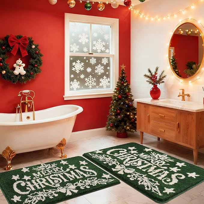 Christmas Bathroom Rug 2 Piece, Extra Soft Absorbent Microfiber Thick Plush Fluffy Bathroom Rugs, Non-Slip Backing, Machine Washable Bath Rugs, Holiday Xmas Decor Indoor Bath Mats, Green, Xmas Letters