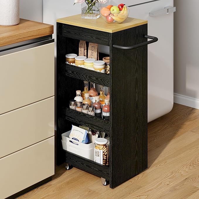 IRONCK Wood Storage Cart 15.8" W, 4 Tier Rolling Kitchen Cart on Wheels, Slide Out Utility Cart, Organizer Trolley with Handle, Drawer for Kitchen, Laundry, Bathroom, Black