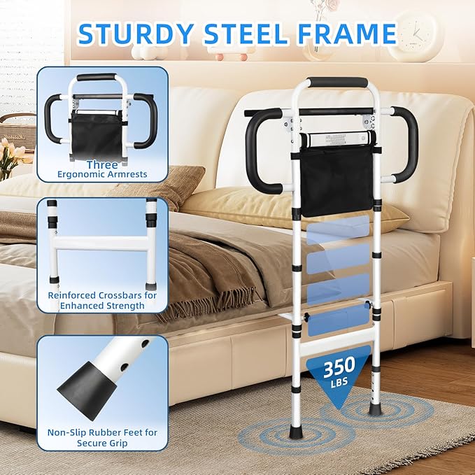 Bed Rails for Elderly Adults Safety with Foldable Tray & Motion Sensor Light, Adjustable Height Bed Assist Bar with 3 Handles, 350 lbs Capacity Bedside Support Rail, Easy to Install