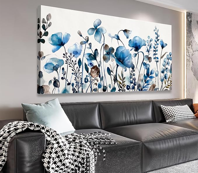 VEAEE Floral Wall Art, Abstract Indigo Flowers Canvas Pictures, Living Room Wall Decor, Modern Landscape Painting, Botanical Grass Artwork for Bedroom Bathroom Kitchen Office Wall Decor 20"x 40"