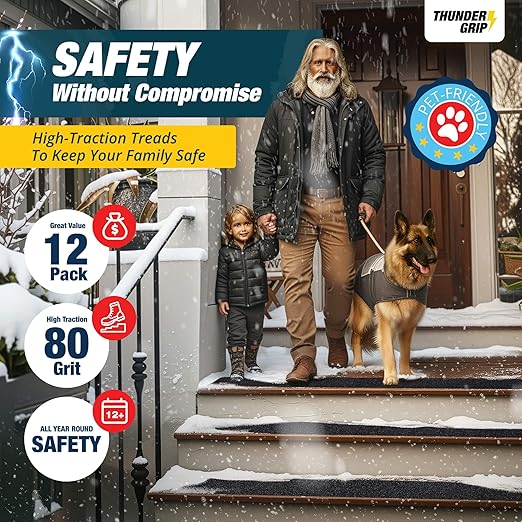 Outdoor Stair Treads - Non Slip 30" x 6" - 12-Pack Weather Resistant Exterior Grip Tape - Anti Skid Strips - Waterproof 80-Grit Adhesive Treads