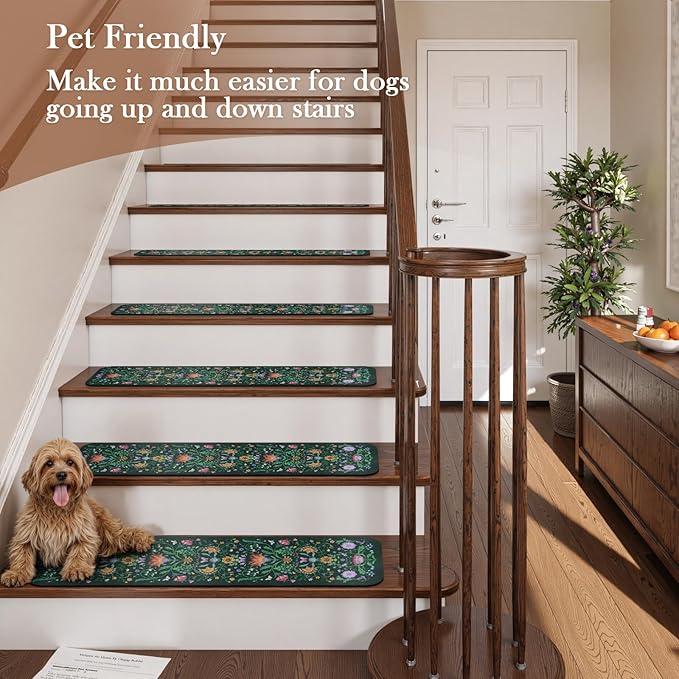 OJIA Floral Stair Treads Non Slip Stair Runners for Wooden Steps Indoor, 15PCS 8"x30" Rubber Backing Carpet Treads for Wood Stairs Staircase Step Treads for Kids & Dogs, Stair Covers, Green