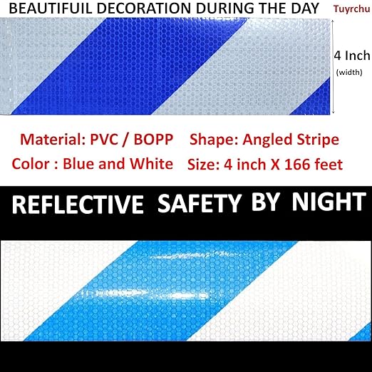 Reflective Tape Blue and White 4 inch X 166 feet, Outdoor Waterproof Hazard Conspicuity Safety Industrial Marking Tape