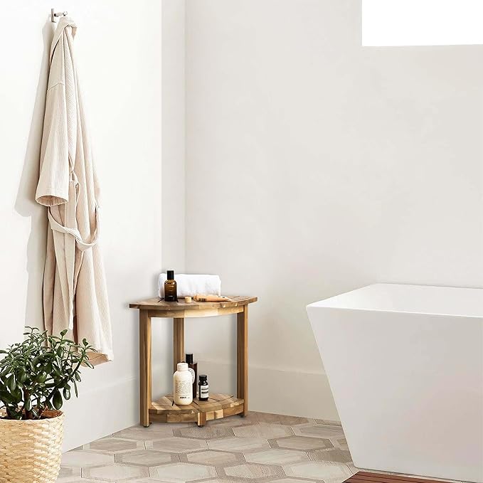 Acacia Wood Corner Shower Stool - Waterproof Triangular Bathroom Bench with Storage Shelf & Soap Dish for Shaving, Light Natural Wood (17.9x12.7x16.5)