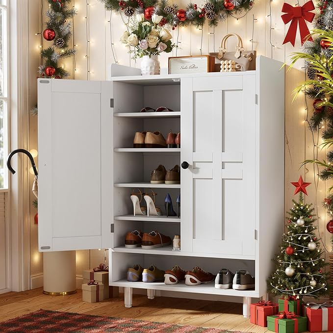 Entryway Shoe Cabinet with Doors, 6-Tier Farmhouse Shoe Storage Organizer with Adjustable Shelves Holds 18-26 Pairs and Metal Legs, Entry Organizer Entryway, Living Room (White)