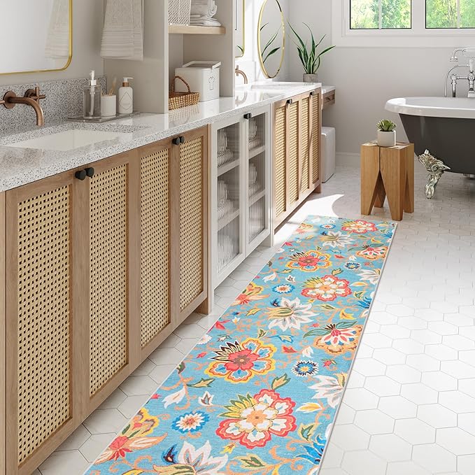 Beeiva Floral Washable Kitchen Runner, Vintage Colorful 2.5x10 Rug Runners for Hallways Non Slip Ultra Thin, Printed Distressed Laundry Room Carpet for Bedroom Bathroom