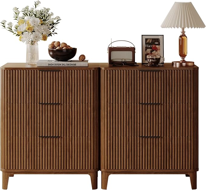 23.6" Mid Century Modern Night Stand with 3 Drawers, Large 3 Drawers Bedside Table with Quiet Drawers & Metal Handles, Fluted 3-Drawer Dresser Rustic Wood 3 Drawer Storage End Table Bedroom Walnut