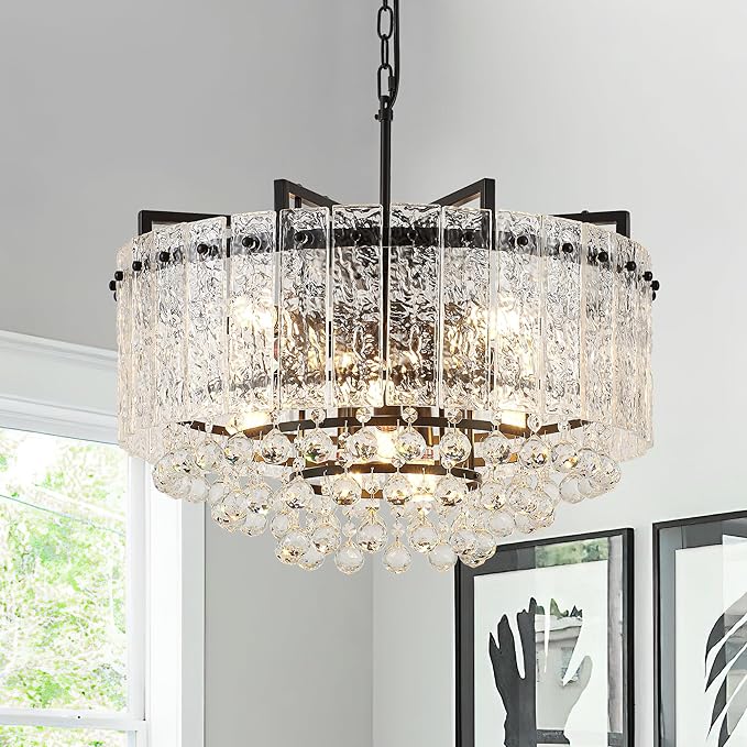 22.2" 10-Light Modern Glass Chandelier Light Fixtures Black 3-Tier Crystal Beads Chandeliers for Dining Room Round Hanging Ceiling Pendant Lighting for Kitchen Island Entryway Foyer Hallway