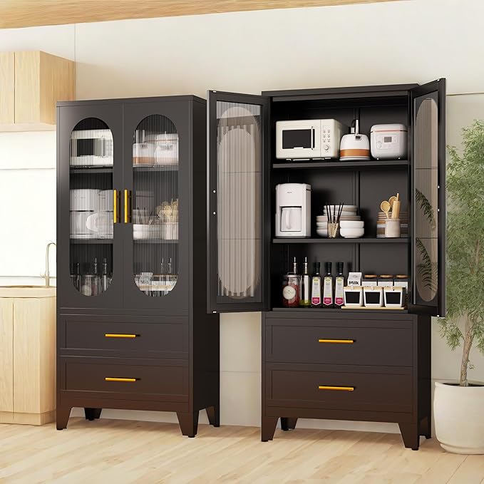 Metal Garage Storage Cabinet, Kitchen Pantry Storage Cabinet with 2 Drawers and 2 Adjustable Shelves Versatile Storage for Homes Offices Gym Basement Warehouse (Black)