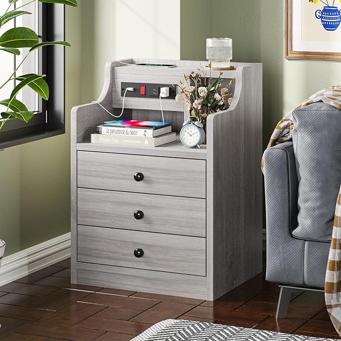 ADORNEVE Nightstand Set 2,Gray Nightstand with Charging Station & Hutch,Night Stands for Bedrooms Set of 2,Bedside Table with Drawers