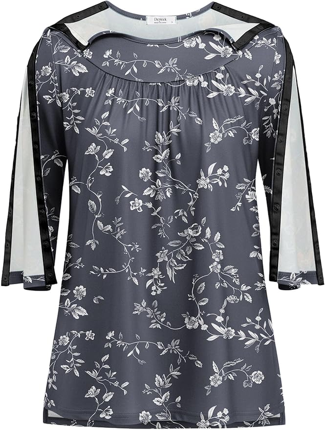 Deyeek Post Shoulder Surgery Shirt for Women Chemo Tear Away Shirt Snap Button 3/4 Sleeve Recovery Adaptive Clothing
