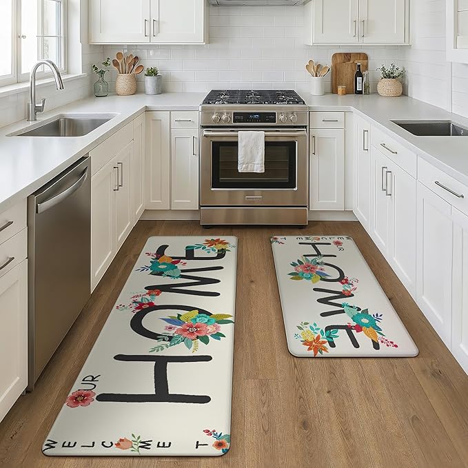 GENIMO Anti Fatigue Kitchen Mats for Floor, Non Slip Washable Home Theme Rugs Sets of 2, Farmhouse Cushioned Waterproof Comfort Runner Rug for Kitchen, Sink, Desk, Laundry, 17"x 59"+17"x 30", Blue