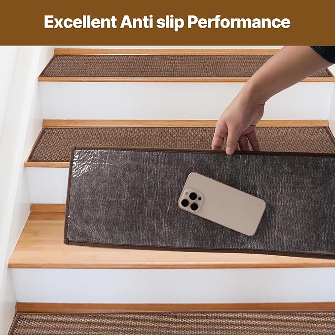 Non Slip Stair Treads for Wooden Stairs Indoor,8" x 30" Staircase Step Treads,100% Linen,Reusable Adhesive,for Kids,Seniors& Dogs(Brown,15 pcs)