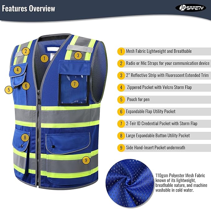 JKSafety 11 Pockets Hi-Vis Blue Mesh Safety Vest for Men Women High Visibility Reflective Construction with Zipper Work Utility PPE Work Gear ANSI/ISEA compliant (102-Blue 4XL)