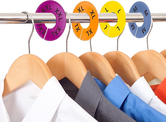 40 Pack Round Colorful Plastic Clothing Size Closet Rack Dividers Hangers, 8 Assorted Colors, Preprinted in 8 Sizes XXS, XS, S, M, L, XL, XXL, XXXL (Outer 3.5”, Inner Diameter 1.38”)