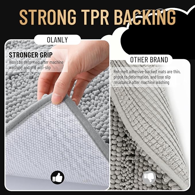 OLANLY Thick Bathroom Rugs 36x24, Extra Soft Absorbent Chenille Striped Bath Rugs, Rubber Backing, Machine Wash Dry, Bath Mats for Bathroom Floor, Tub and Shower, Home Decor Accessories, Light Grey