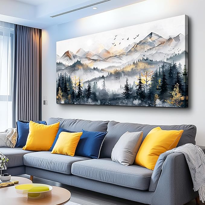 KELIYUAN Abstract Wall Decor For Bedroom Canvas Wall Art For Living Room Office Decoration Ink Mountain Landscapes Painting Misty Forest Wall Artwork Ready To Hang Room Home Decor 20"x40"