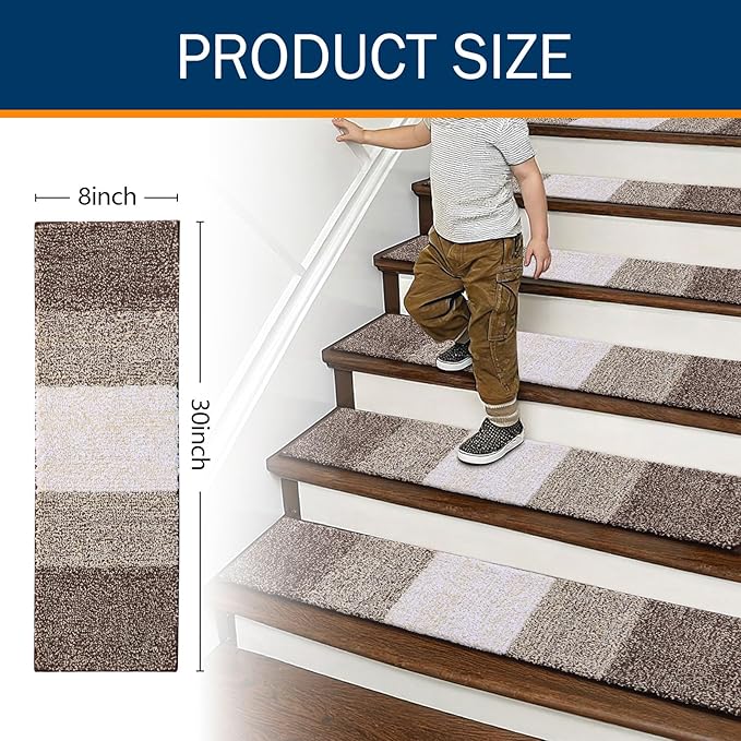 OLANLY Stair Treads Non Slip 15PCS, 8" x 30" Indoor Stair Runners for Wooden Steps, Edging Stair Rugs with Reusable Peel and Stick Adhesive for Kids Elders and Pets, Light Brown