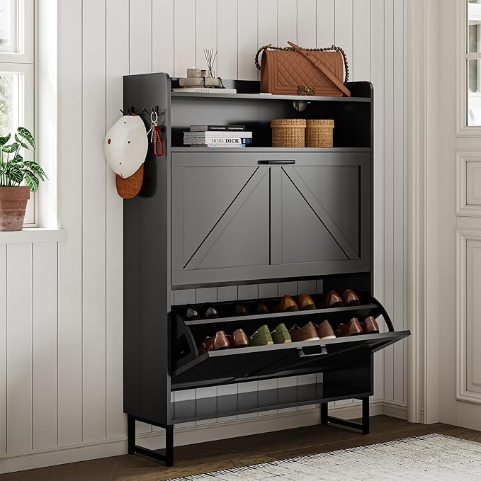 Shoe Cabinet with 2 Flip Drawers, 45" Freestanding Narrow Wood Shoe Storage Cabinet with Metal Legs and Hooks, Slim Shoe Rack Organizer for Entryway, Hallway, Black