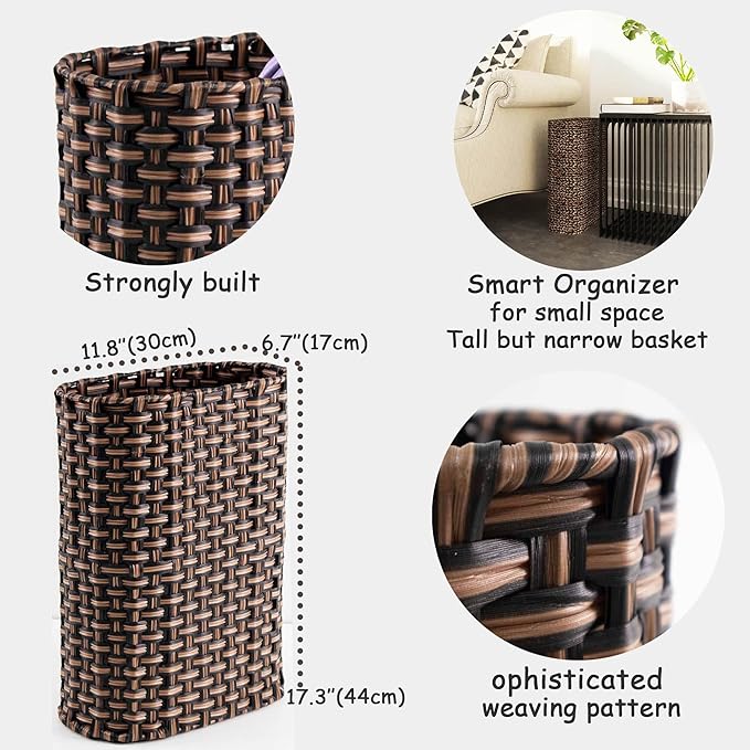 PEMAR Wicker Umbrella Holder Indoor Outdoor, Decorative Hand Woven Umbrella Stand Rack for Home, Entryway Rustic Farmhouse Multipurpose Narrow Tall Basket (Brown)
