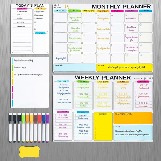 M&G Magnetic Dry Erase Calendar Set for Fridge, 4 Pack Planning Whiteboard with 10 Markers and Eraser, Monthly & Weekly & Daily Chore Chart for Refrigerator Wall Door