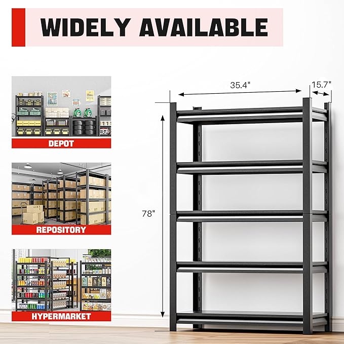 Storage Shelving Rack - 5 Shelf Heavy Duty Garage Storage Shelf, Metal Shelving Organizer for Garage, Home, and Utility Rooms, Maximize Space with Easy Organization16 D x36 W x78 H