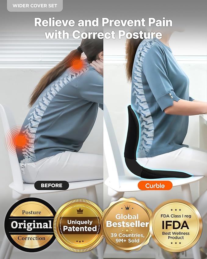 curble Wider(Standard Wide) Cover Set – Lower Back Support Chair with Detachable Cover, Lumbar Support Back Posture Corrector, Back Pain Relief (Set Black)