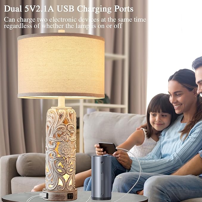 Set of 2 Rustic Farmhouse Table Lamps for Living Room Bedroom, Vintage Bedside Lamp with Dual USB Port, Antique White Resin Retro Nightstand Lamps with Night Light
