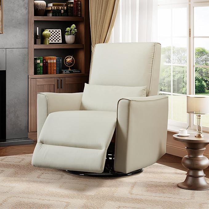 IDEALHOUSE Swivel Rocking Nursery Recliner Chair Rocker Recliner Glider Deep Seat PU Leather Sofa Chair with high Backrest for Nursery, Living Room, Bedroom & Home Movie Theater (Beige)