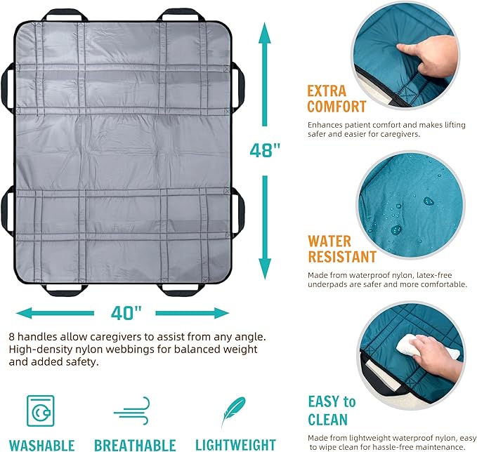 Upgraded 3-Layer Comfort Positioning Bed Pad with Handles Washable Waterproof Transfer Board for Turning Moving Patient Inconvenience Care Transfer Sheet, 48" x 40", Large, Mist Gray