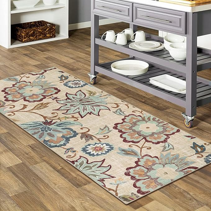 Beeiva Floral Rug Runners for Hallways, 2x5 Ultra Thin Beige Kitchen Runner Rug Washable, Vintage Plant Non-Shedding Bathroom Front Door Rug Non-Slip Hallway Runner Rug for Entryway Bedroom Kitchen
