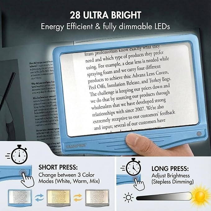 MagniPros 5X Rechargeable Large Ultra Bright LED Page Magnifier with Anti-Glare Lens & 3 Color Light Modes, Relieve Eye Strain- Ideal for Reading Small Prints, Low Vision, Seniors