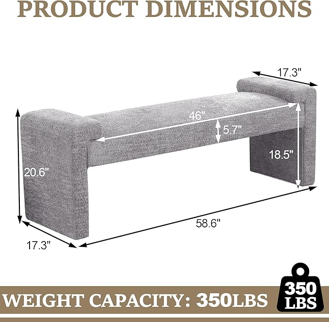58.7" End of Bed Bench Upholstered Modern Bedroom Bench for Living Room & Entryway, Easy Assembly, Footrest Ottoman Accent Window Bench with Solid Wood Frame & Curved Arm, Grey