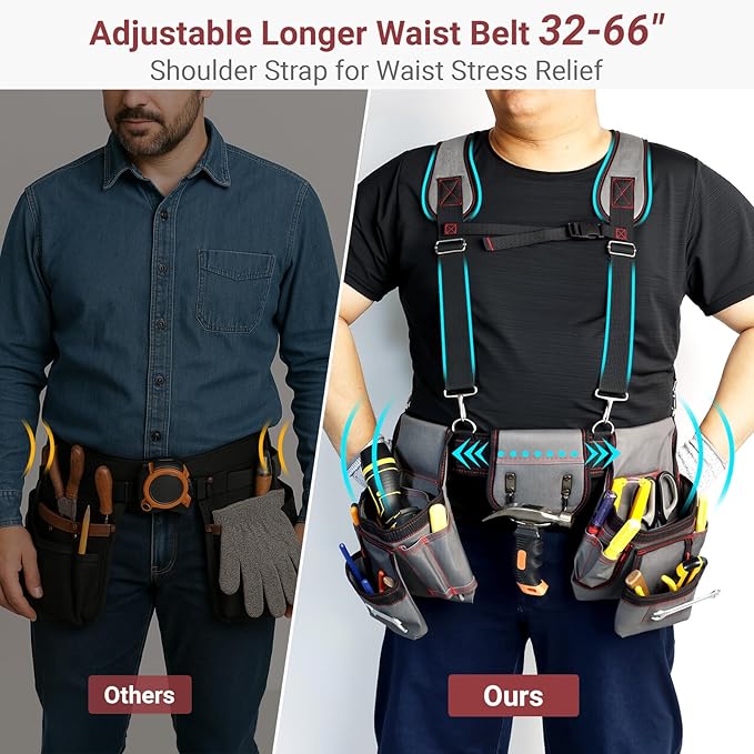 Tool Belt With Suspenders, Heavy Duty Magnetic Tool Belts for Men with 18 Pockets, Tool Belt with Adjustable 32 to 66 Inches Detachable Waist for Electricians, Carpenters, Framers, Grey