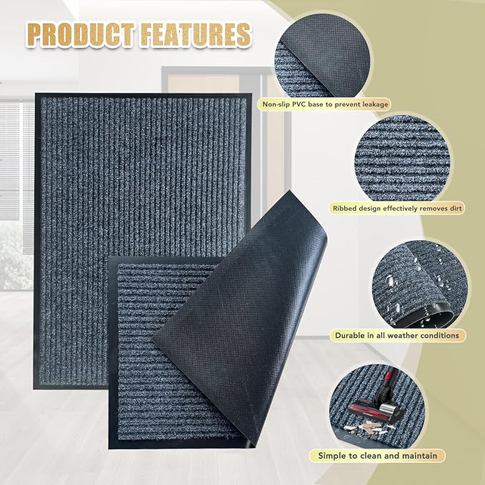 Front Door Mat,2'x4'Indoor Outdoor Door Mat,Heavy Duty Durable Welcome,Commercial Floor Mats Inside Outside Entrance, Waterproof All-Season, All-Weather Non Slip Backing Doormat for Entryway,Dark Gray
