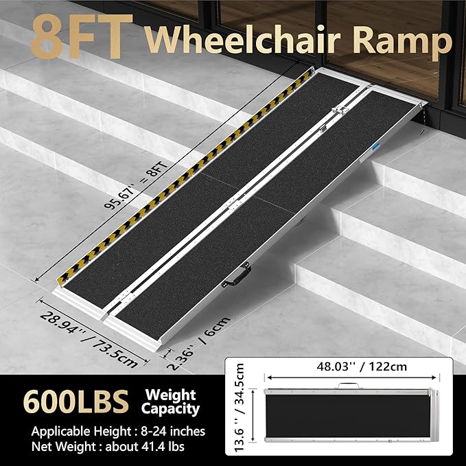 8FT Portable Wheelchair Ramp, Non-Slip Aluminum Folding Handicap Ramp, Ramps for Wheelchairs for Home with Handle, Wheelchair Ramps for Home Steps/Stairs/Threshold/Doorways/Scooter, 600LBS Capacity