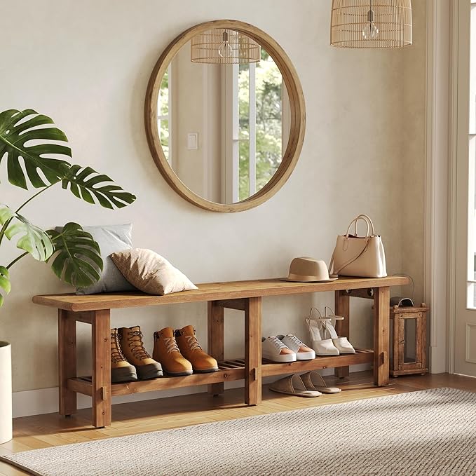 LITTLE TREE Solid Wood Entryway Bench, 63" End of Bed Bench with Shoe Storage Rack, Farmhouse Narrow Seating for Bedroom, Living Room, Entry, Front Door, Entrance, Window, Hallway, Foyer, Rustic Brown