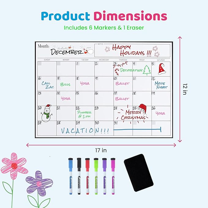 Cinch Magnetic Dry Erase Calendar & Chores Chart for Kids Bundle for Fridge: 2 Boards Included 17"x12", 6 Fine Tip Markers & Large Eraser w/Magnets, Chore Chart Magnetic Board for Kids and Adults