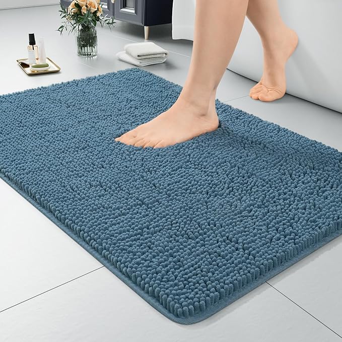 LOCHAS Luxury Bathroom Rug Shaggy Bath Mat 24 x 36 Inch, Washable Non Slip Bath Rugs for Bathroom Shower, Soft Plush Chenille Absorbent Carpets Mats, Denim Blue