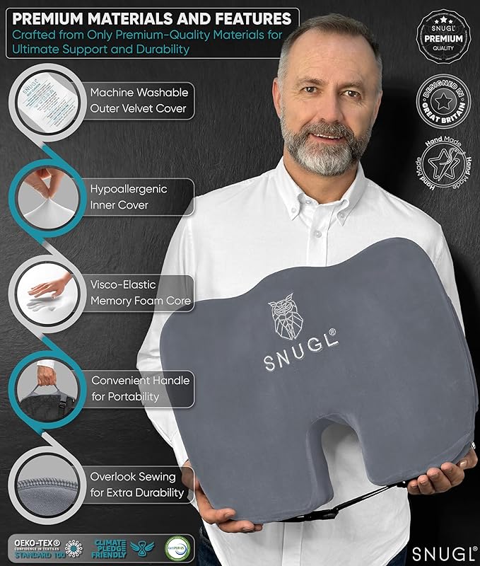 SNUGL Seat Cushion for Tailbone & Back Pain Relief – Orthopedic Memory Foam Coccyx Pillow for Office, Desk & Gaming Chairs – Sciatica & Lower Back Pain Relief, Long Sitting Comfort