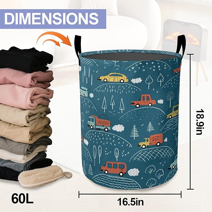 Laundry Basket-Blue Cartoon Car Foldable Waterproof Oxford Cloth Funny Tote Bag Laundry Hamper Clothes Storage Bucket Organizer For Bathroom/Laundry Storage/Bedroom Storage Basket