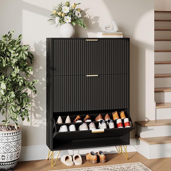 Shoe Storage Cabinet with 3 Flip Drawers, 31.5" W Fluted Shoe Cabinet for Entryway, Hidden Shoe Cabinet Storage, Narrow Free Standing Shoe Orgnaizer Rack Cabinet for Foyer Hallway, Black