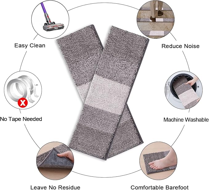 OLANLY Stair Treads Non Slip 15PCS, 8" x 30" Indoor Stair Runners for Wooden Steps, Edging Stair Rugs with Reusable Peel and Stick Adhesive for Kids Elders and Pets, Light Grey