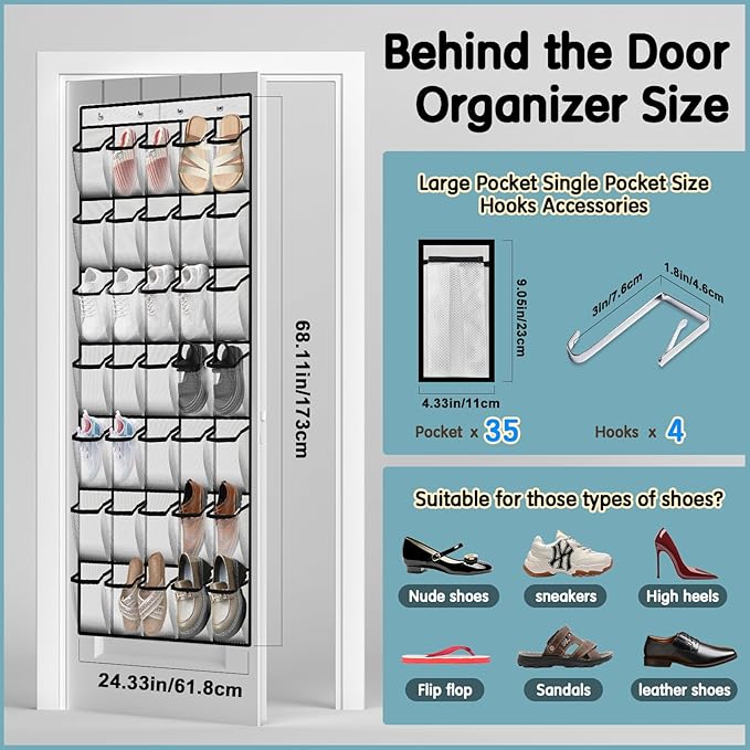 35 Compartment Over The Door Storage - Breathable Mesh Hanging Organizer with Large Pockets, Space Saving Design for Men & Women's Footwear, Closet, Bedroom （White）