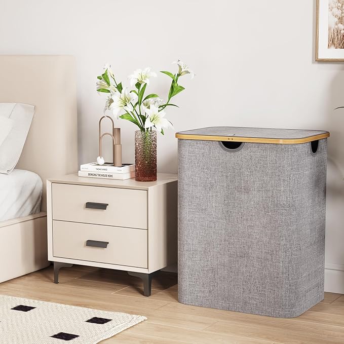 Lifewit 120L Laundry Basket with Lid, Clothes Hampers for Laundry with Bamboo Handles and A Removable Laundry Bag, Large Foldable Laundry Hamper for Bedroom, Bathroom, Dorm, Laundry Room, Light Gray