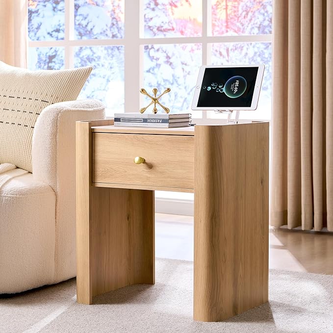 23.6" Tall Modern Nightstand Set of 2, 22" Wide Curved Bedside Table with Charging Station, Wooden Night Stand with 1 Storage Drawer, Large End Table for Bedroom, Living Room, Natural