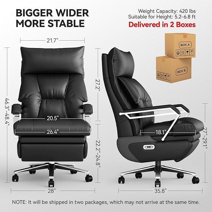 M80A Dual Motor Electric Executive Office Chair with Footrest, Comfortable Reclining Office Chair Wide Seat, Big and Tall Ergonomic Leather Home Office Desk Chair (Black,No Massage)